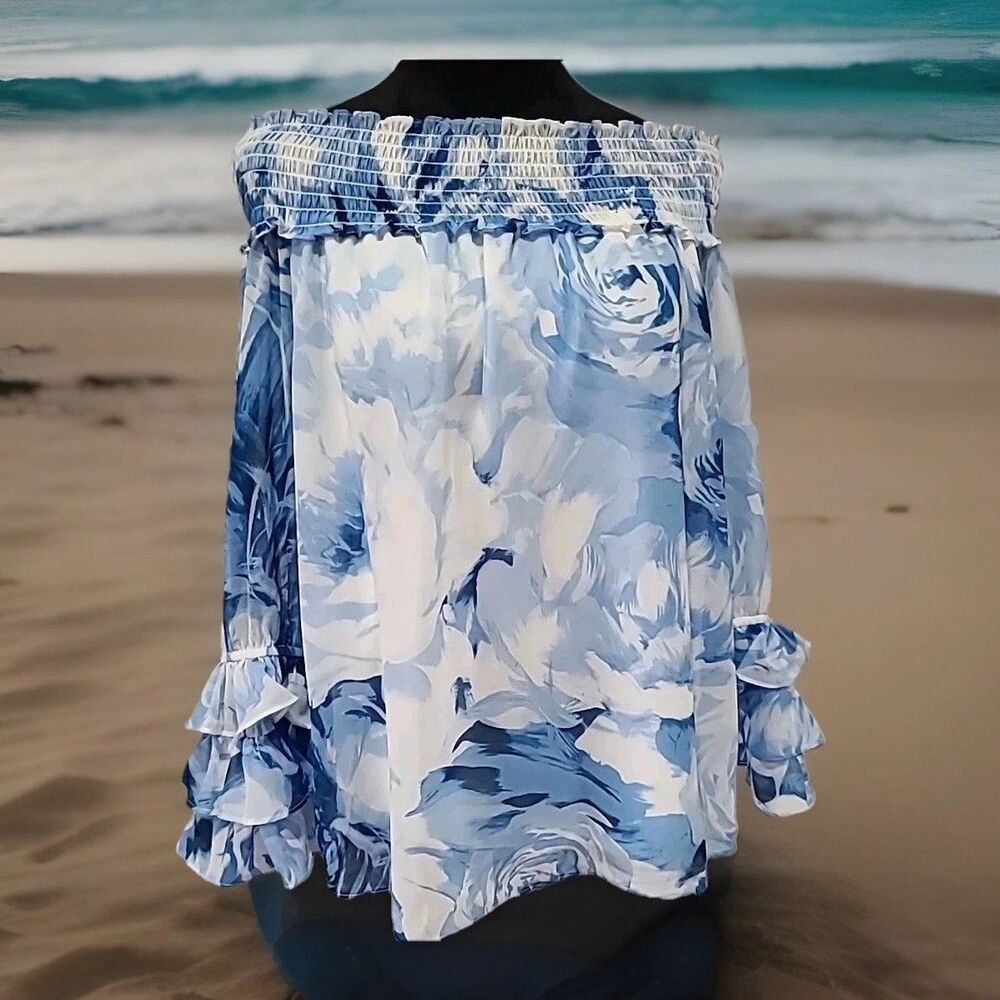 CeCe Women's Blue And White Floral Off- Shoulder Blouse Size L